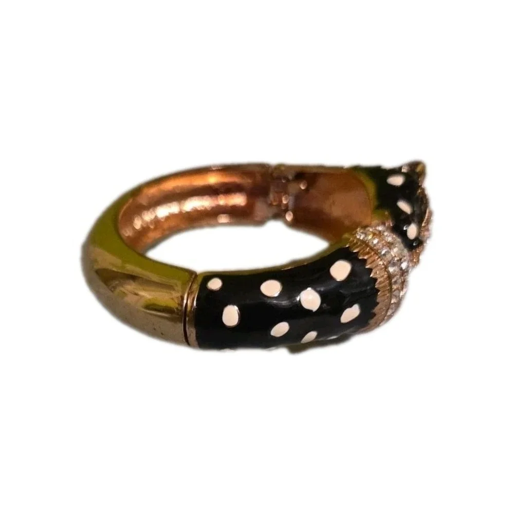 Panther Head Hinged Cuff Bracelet Black White Polka Dot Enamel Rhinestone Gold